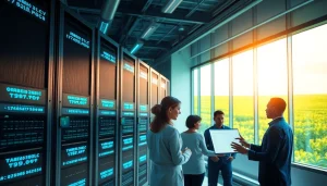 Dynamic scene of a modern cloud mining bitcoin facility powered by renewable energy, showcasing technology and sustainability.