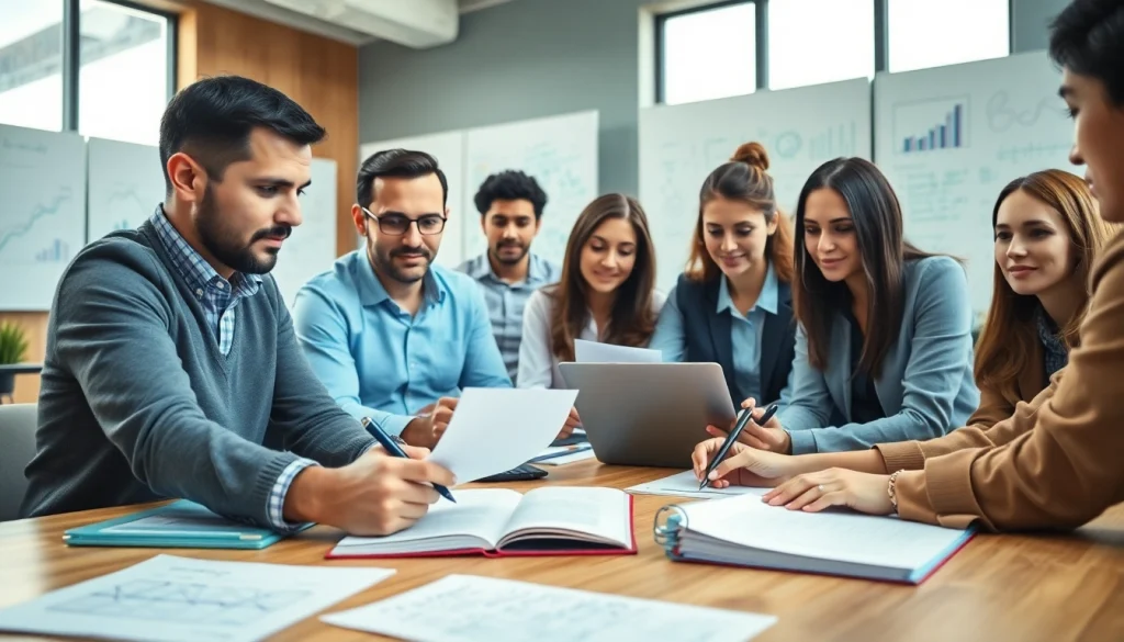 Engaged team collaborating on Proposal Writing and Management strategies in a bright office.
