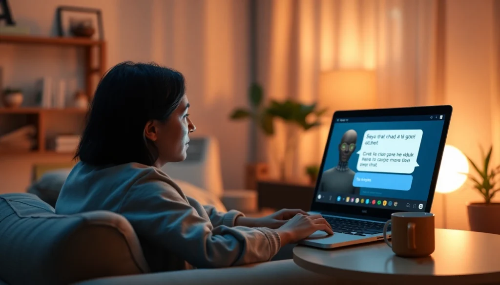 Engaging user experience in sex ai chat with a friendly AI chatbot in a cozy setting.