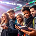 Engaging individuals participating in online sports betting California surrounded by vibrant sports event ambiance.