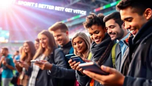 Engaging individuals participating in online sports betting California surrounded by vibrant sports event ambiance.