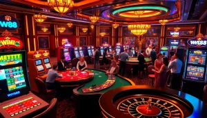 Exciting casino scene featuring vibrant slot machines and the w88 link on screens.