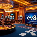 Engage in thrilling online gaming at ev88 with vibrant slot machines and an elegant poker table.