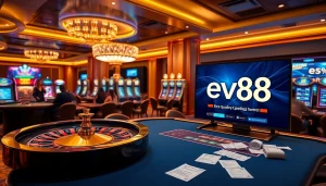 Engage in thrilling online gaming at ev88 with vibrant slot machines and an elegant poker table.