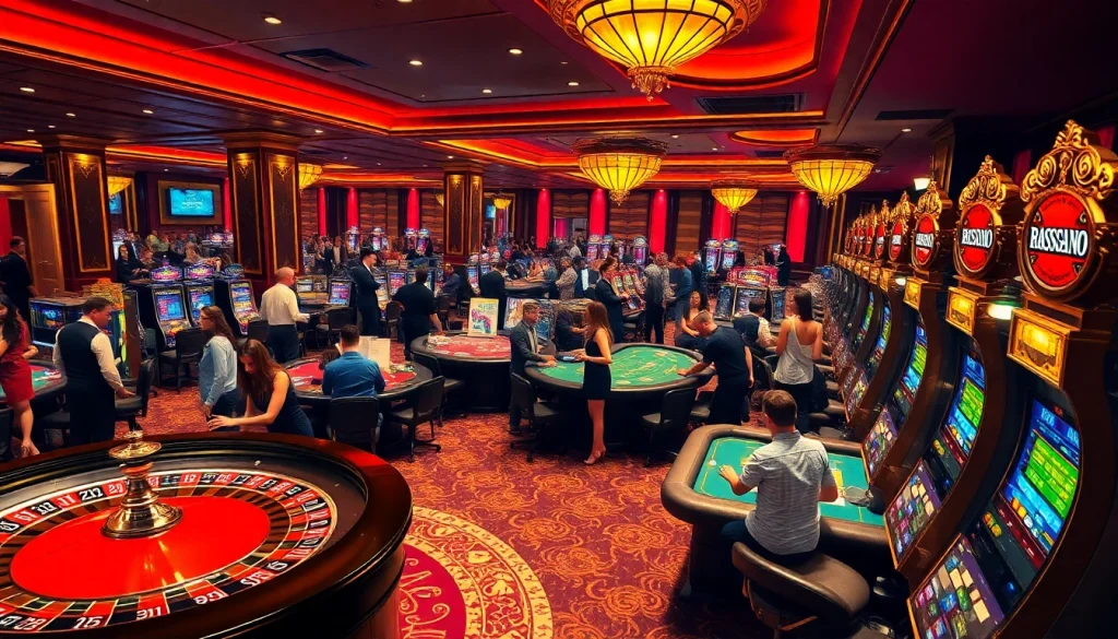Players enjoying a luxurious casino experience at https://jun88buzz.info/ with roulette and poker tables.