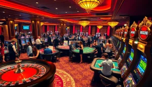 Players enjoying a luxurious casino experience at https://jun88buzz.info/ with roulette and poker tables.
