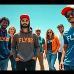 FLY88 apparel showcased by diverse models in an adventurous aviation-inspired setting.