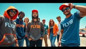 FLY88 apparel showcased by diverse models in an adventurous aviation-inspired setting.