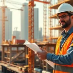 Manhattan Construction Manager evaluating blueprints on a construction site.