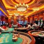Players enjoying games at 23win casino with vibrant poker chips and slot machines.