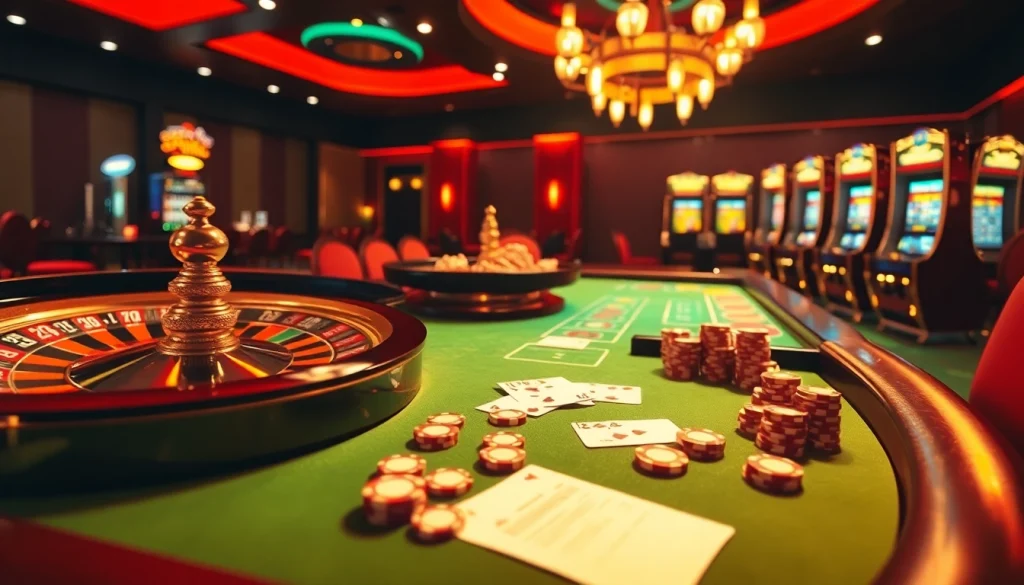 Experience thrilling online gambling at https://okfun.page with vibrant casino visuals featuring roulette wheels and poker tables.