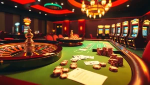 Experience thrilling online gambling at https://okfun.page with vibrant casino visuals featuring roulette wheels and poker tables.