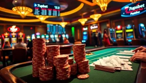 Exciting 7upbet online betting scene with poker table, roulette wheel, and vibrant casino atmosphere.