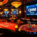 Exciting poker action at QH88 casino, featuring vibrant chips and cards.