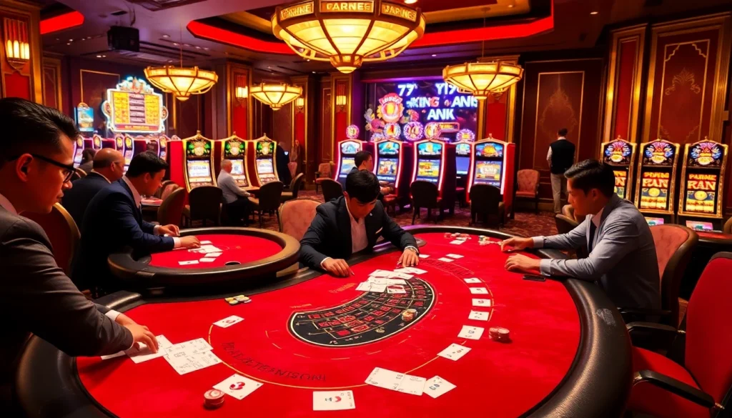 79KING players enjoying a thrilling game at a luxurious casino table, showcasing vibrant chips and betting slips.