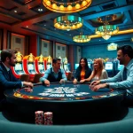 A thrilling poker game at a luxury casino, highlighting qh88's vibrant atmosphere with colorful chips and cards.