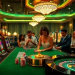 Experience the excitement of onicplay with vibrant slot machines and engaged players in a luxurious casino.