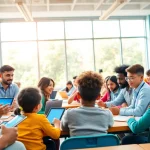 Education classroom with diverse students using technology for learning.