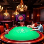 Exciting U888 poker table scene with professional dealers and vibrant chips.
