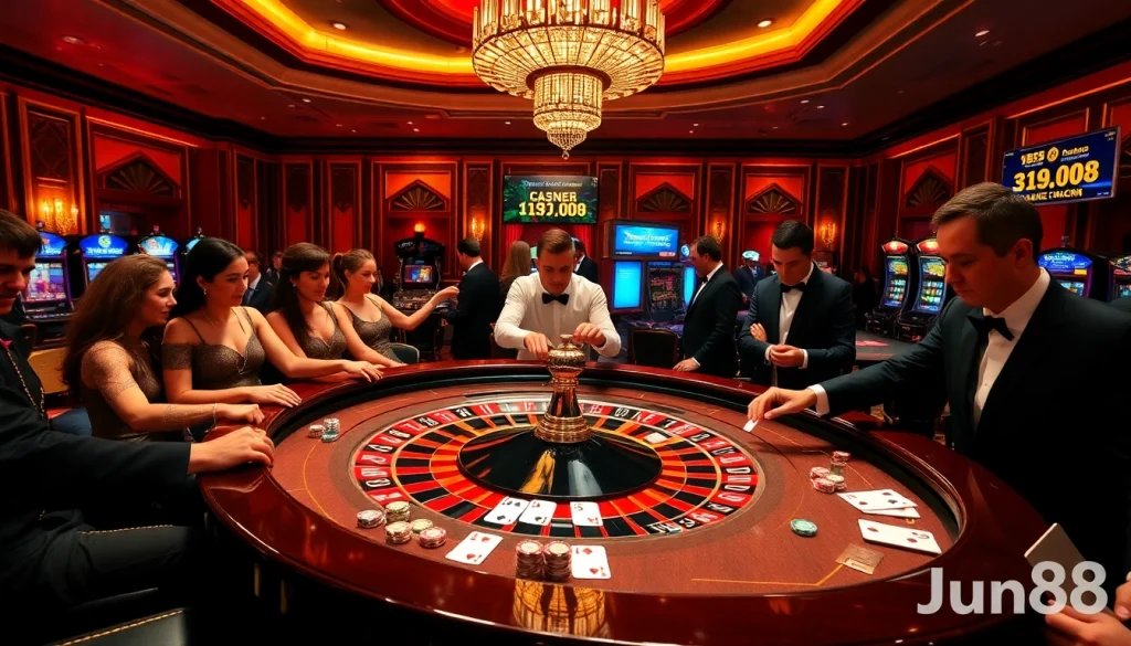 Jun88 players enjoying an exciting atmosphere at a roulette table in a luxurious casino setting.