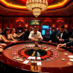 Jun88 players enjoying an exciting atmosphere at a roulette table in a luxurious casino setting.