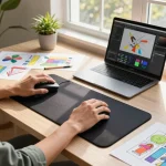 Custom 3D mouse pad with wrist support enhancing productivity in a creative workspace.
