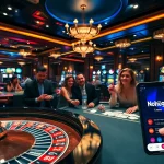Nohu90 showing excited gamblers at a roulette and poker table in a luxurious casino.