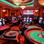 MMOO live casino games featuring vibrant tables, dealers, and slot machines in an exciting atmosphere.