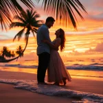 Destination photographer capturing a couple on a serene beach during sunset.