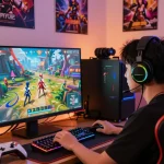 Intense player immersed in a hentai game with vibrant characters and a stylish gaming setup.