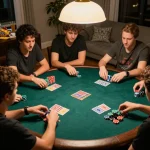 Engaging friends playing poker at home, highlighting สล็อตวอเลท strategy in a cozy atmosphere.