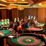 Exciting 33win casino scene with players celebrating wins at gambling tables.