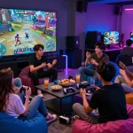 Engaging virtual lounge scene showing friends discussing porn games online while gaming.