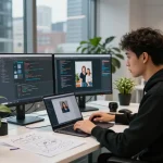 AI developer creating a cutting-edge image to prompt ai tool in a modern workspace