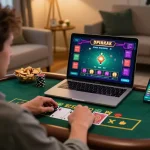 Engaging with TR88 platform for live dealer blackjack in a cozy home environment, showcasing strategic gameplay.