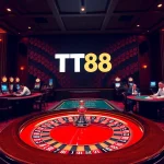 Engage in thrilling play at TT88's vibrant casino, featuring poker tables and roulette wheels.