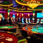 Cazinouri online Germania cu mese de casino vibrante, automate de joc și o roată de ruletă.
