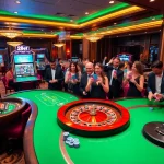 Players enjoying a vibrant casino experience at 28bet with roulette wheels and slot machines.