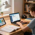 Schüler nutzt Hausaufgaben KI an einem Schreibtisch mit Büchern und Laptop