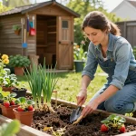 Gardener planting spargelwurzel kaufen in sunny backyard with vibrant seedlings.
