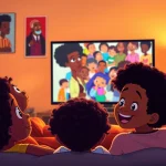 Diverse children enjoying African American Cartoons in a colorful living room.
