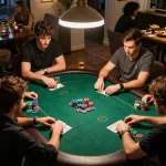GO88 players strategizing their bets in an engaging home poker night, with vibrant chips and a warm social atmosphere.