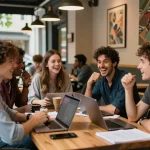 Group discussion on innovative ideas in a cafe, highlighting the social aspect of technology and creativity for ia +18.