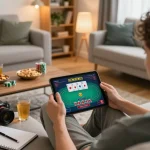 Engaging gameplay on a tablet showcases AUD77 poker interface in a cozy living room.
