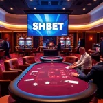 Experience thrilling SHBET gaming at a luxurious casino with vibrant slot machines and poker tables.