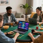 Friends enjoying online gambling on aud77, vibrant gaming atmosphere.