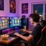 Exciting gaming scene where a player enjoys situs gacor with vivid slot games on multiple screens, cozy atmosphere with snacks and city view.