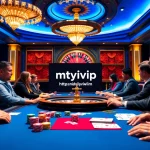 Players enjoy poker at a luxury casino featuring https://nhatvip.meme/ with vibrant chips and cards.