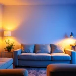 Philips Hue Tipps für intelligentes Licht in einem gemütlichen Wohnzimmer-Setup mit warmen und kühlen Zonen.