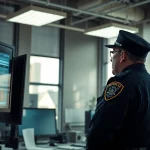 Access orange county jail inmate booking information through a detailed office scene with a police officer.